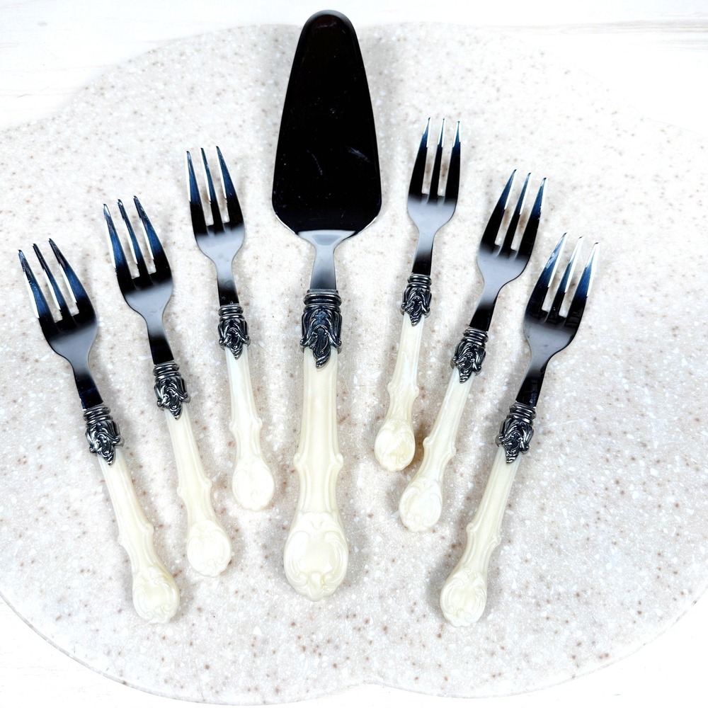Inox 18/10 Italy Cream Faux Bone Handle Fish Serving Set‎ 6 Forks + Server